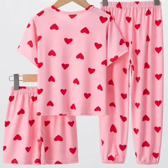 Girls 3pcs Loungewear Pajama Set - Pink Heart Print Size 7-8 Valentines Day - Picture 2 of 2